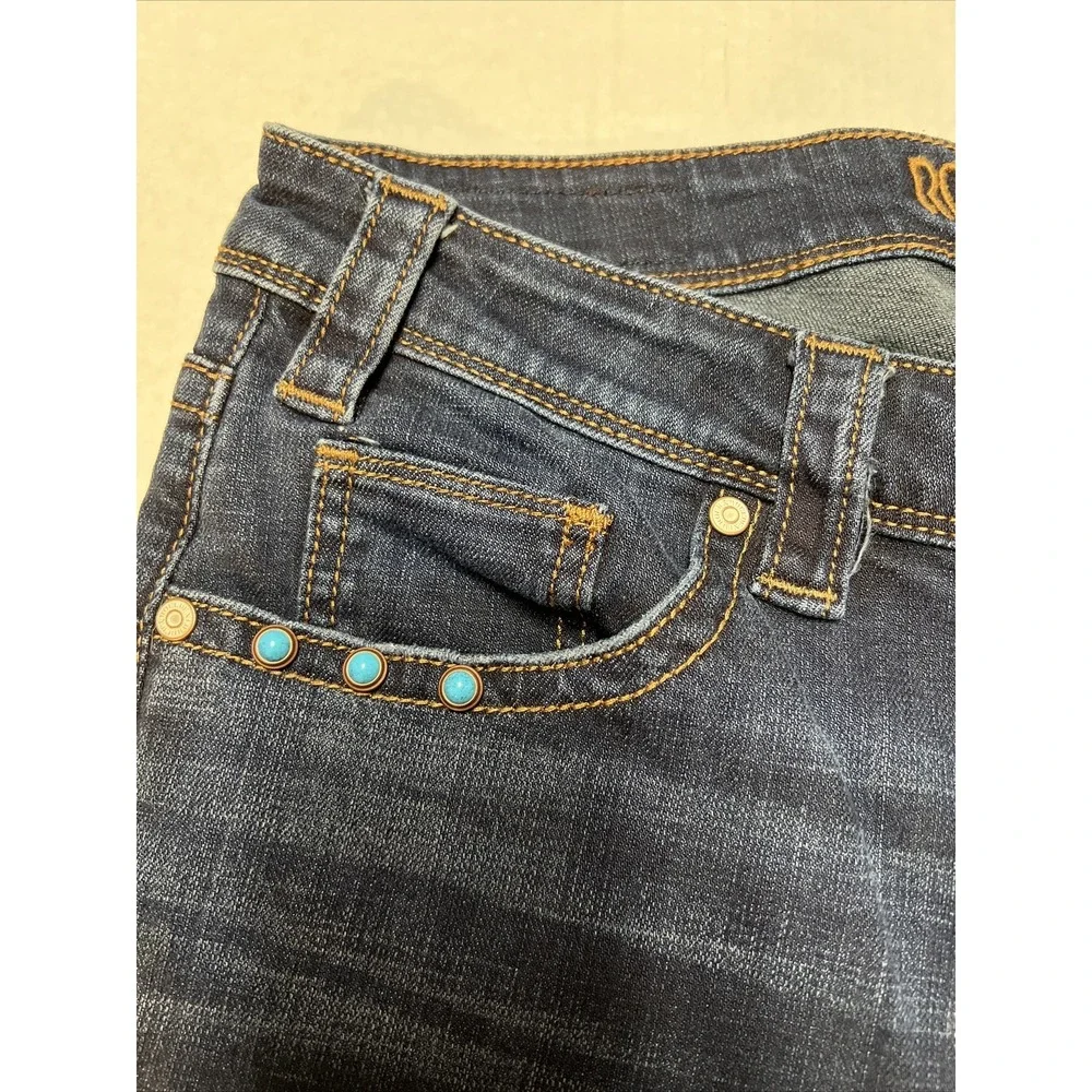 Rock & Roll Denim Western Cowgirl Trouser Women's 29 X 32 Jeans Turquoise Studs - Picture 8 of 16